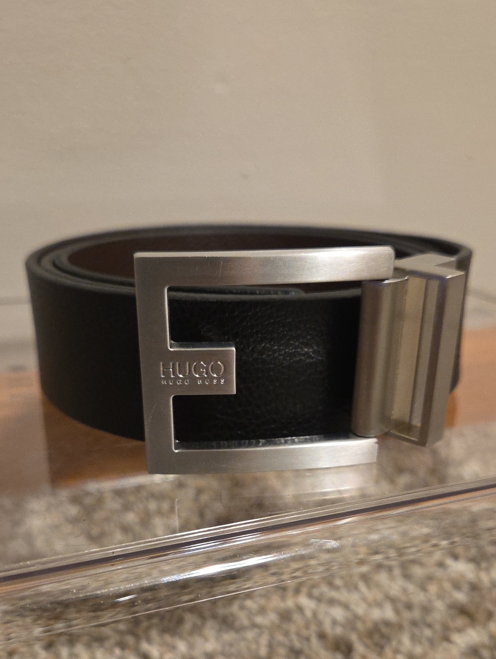 HUGO BOSS Reversible Black & Brown Leather Menβs Belt with Silver E Buckle